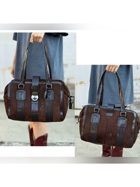 Black suede and burgundy patent leather Boston bag